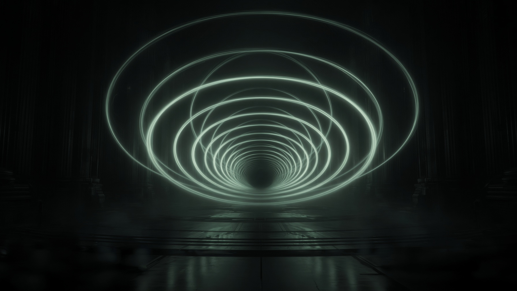 Nested rings of pale light receding into a dark chamber, a visual of recursive intelligence.